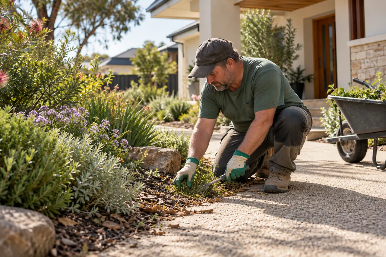 A gardener tending a flower bed beside a home.
