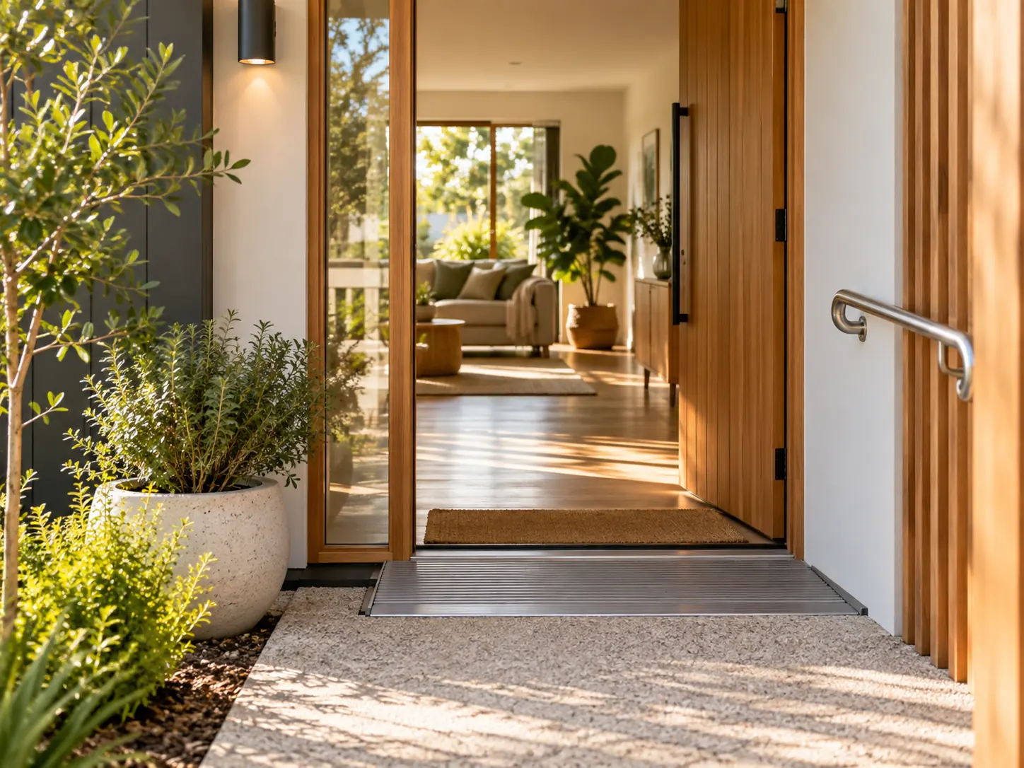 A welcoming entrance with a wide pathway and planting.