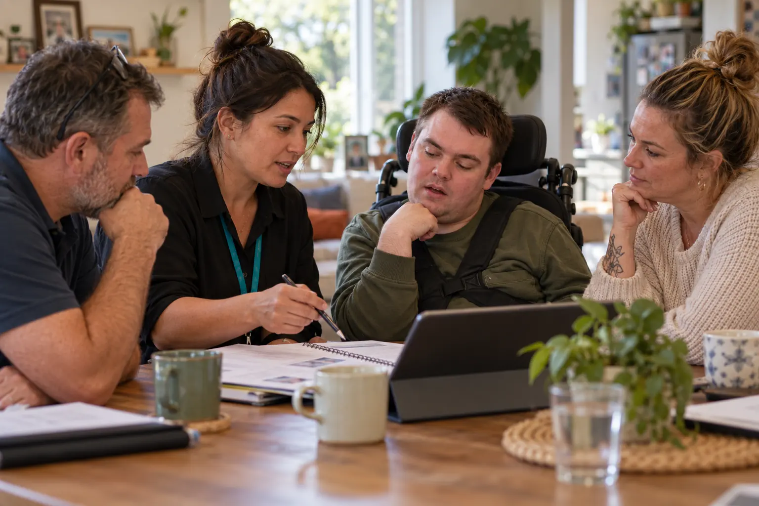 A support coordinator and care team discussing a plan with a participant.