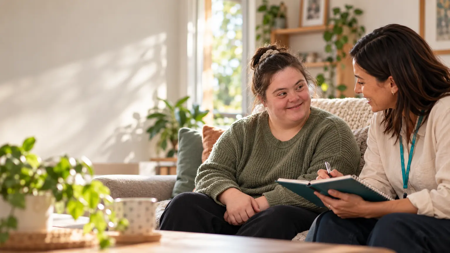 A support coordinator and participant reviewing information together at home.